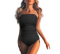 Maillot pour Femme de Bain Bustier Une pièce Le contrôle du Ventre Bretelles Amovibles et réglables Bandeau Slim Elégant Vintage Ruché Effet Rembourré Swimsuit