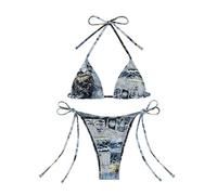 Maillot Transbronzant Femme Bikini String Bikini Sexy pour Femmes, lèvres, Fleurs, cœurs, Rayures, Carreaux imprimés, Bretelles à Trois Points, Maillot De Bain Femme 2 Pieces Taille (Dark Blue, M)
