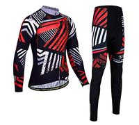 Maillot Vélo Manches Longues + Pantalon Cuissard VTT 3D Coussin Rembourré Gel A Bretelle Tenue Cyclisme Confort Homme Printemps Automne (Red,XXL)
