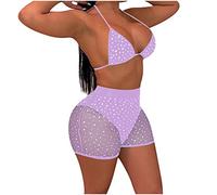 Maillot'De Bain Femme Vêtement Femme Été Chic Maillots Maillots de Bain Maillot de Maillot Set Up Sequins Shorts Pad Womens Bikini Deux Pieces Haut Tankini (Purple M)