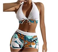 Maillots de Bain 2 Pieces Femme Col V Halter Push Up Bikini Set Taille Haute Short de Bain Maillot de Bain Deux Pièces Vintage Imprimé Floral Swimwear de Plage Beachwear Été Tankini