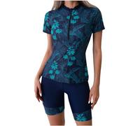 Maillots de Bain 2 Pièces Femme Rashguard Set Manches Longues Tankini Imprimé Floral Anti-UV T-Shirt Top de Sport pour Vacances Surf Plage Natation Maillot de Bain Shorty Séchage Rapide