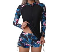 Maillots de Bain 2 Pièces Femme Rashguard Set Manches Longues Tankini Protection Solaire Anti-UV T-Shirt Top de Sport pour Vacances Surf Plage Natation Maillot de Bain Shorty Séchage Rapide