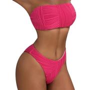 Maillots de bain 2 pièces sans bretelles pour femme - Maillot de bain à coupe haute - Bikini bandeau pour femme, rose rouge, L