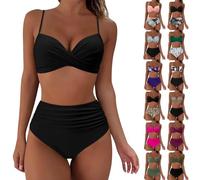 Maillots de Bain Femme 2 Pièces Taille Haute Vintage Bikini Set Push Up Col V Chic et Élégant Froncé Torsadé Ensemble Deux Pièces Tankini Beachwear Swimsuit Été Plage Vacances