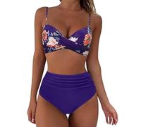 Maillots de Bain Femme 2 Pièces Taille Haute Vintage Bikini Set Push Up Col V Chic et Élégant Froncé Torsadé Ensemble Deux Pièces Tankini Beachwear Swimsuit Été Plage Vacances