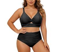 Maillots de Bain Femme Deux Pièces Push Up Col V Gainant Ventre Plat Taille Haute Ensembles avec Attaches Bikini Set Élégant