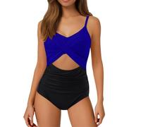 Maillots De Bain Femme,Maillot De Bain Femme 1 PièCe,Maillots de Bain Femme, Maillot de Bain 1 pièce Taille Haute à découpes, Cache-cœur, noué dans Le Dos (Blue, L)