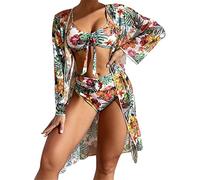 Maillots de bain imprimés pour femmes, ensemble de bikinis à bretelles spaghetti, maillot de bain taille haute avec couverture, maillot de bain 3 pièces pour femmes, bretelles spaghetti avec kimono, à