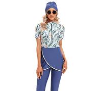Maillots de Bain Musulmans pour Femme Modeste Maillot de Bain Burkini Islamique Maillot de Bain Avant Zippé à Manches Courtes avec Pantalon Court Hijab 3 pièces Maillots de Bain Costume de Bain