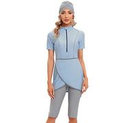 Maillots de Bain Musulmans pour Femme Modeste Maillot de Bain Burkini Islamique Maillot de Bain Avant Zippé à Manches Courtes avec Pantalon Court Hijab 3 pièces Maillots de Bain Costume de Bain