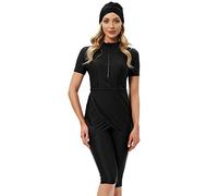 Maillots de Bain Musulmans pour Femme Modeste Maillot de Bain Burkini Islamique Maillot de Bain Avant Zippé à Manches Courtes avec Pantalon Court Hijab 3 pièces Maillots de Bain Costume de Bain