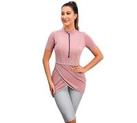 Maillots de Bain Musulmans pour Femme Modeste Maillot de Bain Burkini Islamique Maillot de Bain Avant Zippé à Manches Courtes avec Pantalon Court Hijab 3 pièces Maillots de Bain Costume de Bain