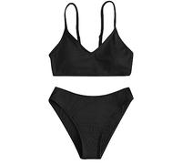 Maillots de bain pour filles avec col en V côtelé et bretelles spaghetti, ensemble bikini sans manches, dos nu, maillot de bain uni avec slip taille haute, confortable et tendance pour enfants, Noir