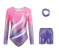 Maillots de Gymnastique 3 Pièces Fille Ensemble de Gymnastique à Manches Longues avec Short et Bandeau Justaucorps de Danse Avec Paillettes Extensible Respirant Justaucorps de Ballet Fille (5-6 Years)