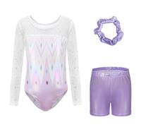 Maillots de Gymnastique 3 Pièces Fille Ensemble de Gymnastique à Manches Longues avec Short et Bandeau Justaucorps de Danse avec Paillettes Extensible Respirant Justaucorps de (02 Purple, 7-8 Years)
