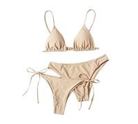 Maillots Deux Pièces Femme Shorty Push Up Sexy Bikini Femme 3 Pieces Menstruel Amincissant Piscine Ensembles Taille Haute Ronde Brassiere String Swimsuit Mes Commandes(Beige,S)