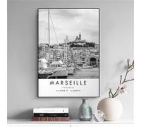 MAIMANG Affiche de voyage urbaine, art moderne sur toile noir et blanc avec coordonnées, décoration murale minimaliste française (30x45cm/sans cadre)