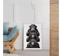 MAIMANG Affiche murale singes « Ne rien voir, ne rien entendre, ne rien dire », illustration en noir et blanc, décoration animale imprimable (70 x 100 cm/encadré)