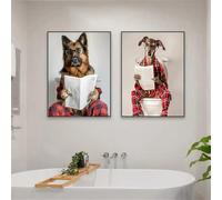 MAIMANG Bathroom Shepherd Wall Art Poster Funny Bathroom Print Dog in Toilet Canvas Painting Home Bathroom Toilet Decor(80x120cmx2/Internal Frame)
