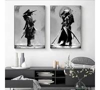 MAIMANG Black and Samurai Portrait Wall Art Jungle Painting Warrior Canvas Printed Poster Living Room(80x120cmx2/Frameless)