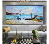 MAIMANG Painting of Pop Boat on Beach with Sea View Modern Wall Art for Home Decor Canvas Picture of Fishing Village M(50x70cm/Frameless)