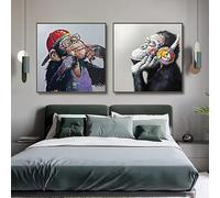 MAIMANG Poster représentant un orang-outan amusant avec un casque audio coloré, peinture sur toile, décoration murale pour salon (90x90cm/cadre)