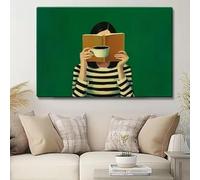 MAIMANG Tableau abstrait moderne à rayures vertes représentant une femme lisant un café à la main, imprimé sur toile (20 x 30 cm/cadre intérieur), décoration murale.