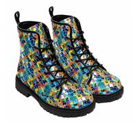 Maimeili Bottines à lacets imprimés pour femme avec motifs végan à carreaux/rayons/cercles en cuir Bottes de combat florales élégantes pour quotidien voyages fêtes et célébrations (personnalisables)