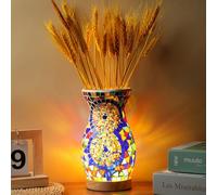 Maimeili Rétro lampe de vase en mosaïque turque lampe de table marocaine turque vase en verre fait à la main coloré avec base en bois pour fleurs USB charge décor lumière pour chambre Ambient
