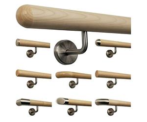 Main courante en érable - Poignée en bois - Support en acier inoxydable - Longueur 30-500 cm - En une seule pièce/variante : 50 cm avec 2 supports demi-sphère fraisé