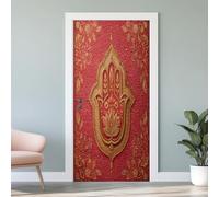 Main de Fatima Doré Autocollant de Porte 3D, Rouge Lotus Bohème Papier Peint de Porte Vinyle Auto-Adhésif Amovible, Sticker Mural Étanche, pour Chambre Salon Cuisine Salle de Bain, 95 x 215 cm P4W29