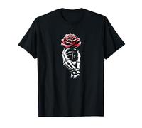 Main squelette tenant une rose rouge cramoisie fleur gothique flore T-Shirt