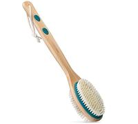 MainBasics Brosse à récurer pour le dos pour la douche - Brosse double face à long manche pour gel douche et gommage avec poils exfoliants et doux (bleu sarcelle, bois)