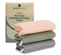 MainBasics Lot de 3 serviettes de douche exfoliantes - Serviette de bain japonaise en nylon et débarbouillettes, séchage rapide, durable, exfoliation moyenne (Earthy Love)
