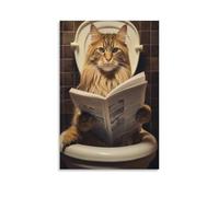 Maine Coon Chat assis sur les toilettes et lisant un journal. Humour drôle et insolite. Poster d'art animal de style rétro sur toile Décoration murale pour salon Bedro