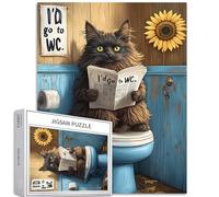 Maine Coon Puzzle noir de 1 000 pièces avec chat assis sur siège de toilette lisant un journal, pour adultes, 68,6 x 50,8 cm, puzzle coloré pour décoration de la maison, cadeaux