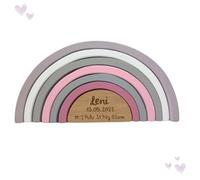 Mainely Cadeau de naissance arc-en-ciel rose I Cadeau de naissance I Gravé I Arc-en-ciel avec nom et dates de naissance I Cadeaux personnalisés pour bébé