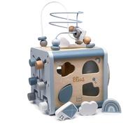 Mainely Personnalisable Cube d’activités en Bois (Blue) - favorise la motricité Fine & l’Apprentissage des Formes - pour Enfants dès 12 Mois - personnalisé avec prénom - Label Label