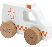 Mainely Personnalisable Voiture de Secours en Bois pour baptême - Robuste et Facile à saisir - pour Enfants dès 18 Mois - personnalisée avec Un prénom et la Date du baptême - Tryco