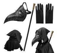 MAINOSHY 1. Masque de médecin de la peste, masque punk en cuir à long bec avec cape à capuche, gants noirs et sceptre roi pour adultes, hommes, femmes et adolescents, Halloween, cosplay