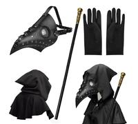 MAINOSHY Lot de 4 accessoires d'Halloween - Masque de médecin de la peste - Masque à bec long avec cape à capuche noire - Gants noirs - Sceptre du roi pour Halloween et cosplay