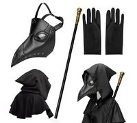 MAINOSHY Lot de 4 accessoires d'Halloween, masque de médecin de la peste, masque de nez long avec cape noire avec capuche, gants noirs, sceptre du roi pour fête costumée