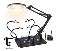Mains d'aide magnétiques avec lampe grossissante x10, base plus grande et robuste, 4 bras magnétiques flexibles, 4 piliers, loupe éclairée pour réparation de circuit imprimé (noir)