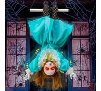 [Mains mobiles] 76,2 cm Halloween Animatronique à suspendre à l'envers Décorations extérieures, accessoire animé effrayant activé par le son et le toucher avec yeux clignotants, rire effrayant pour