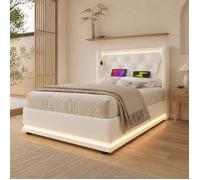 Maisentiel Lit coffre 1 place 90 x 200 cm en PU blanc LED 3 côtés USB et USB-C sans matelas