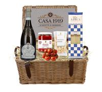 Maison 1919 | Panier cadeau gastronomique | Spaghetti artisanal Alica 500 g | Vin blanc Lugana Ca' dei Frères 750 ml | Pâte de tomate 500 g | Amandes grillées 30 g | Emballage de Noël