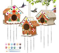 Maison à oiseaux pour enfants - Kits de carillon éolien pour enfants - avec 12 peintures, 2 pinceaux, 2 ficelles, 3 copeaux de bois d'amour Dudok