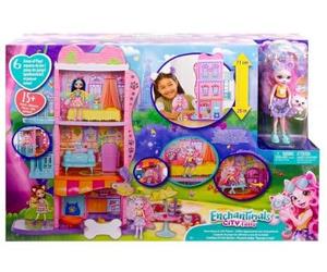 Maison Appartement 3 etages, 6 espaces de Jeu pour enchantimals - avec Poupee, Chiot, Accessoires - Set Jouet avec Carte Animal