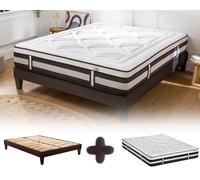 Maison Aubertin - Ensemble Matelas Sommier Calliope 160x200, Ép 58, à Mémoire de Forme Haute Densité 60 kg/m³, Mousse à Cellules Ouvertes, Lit en Bois Massif, 2 Personnes
